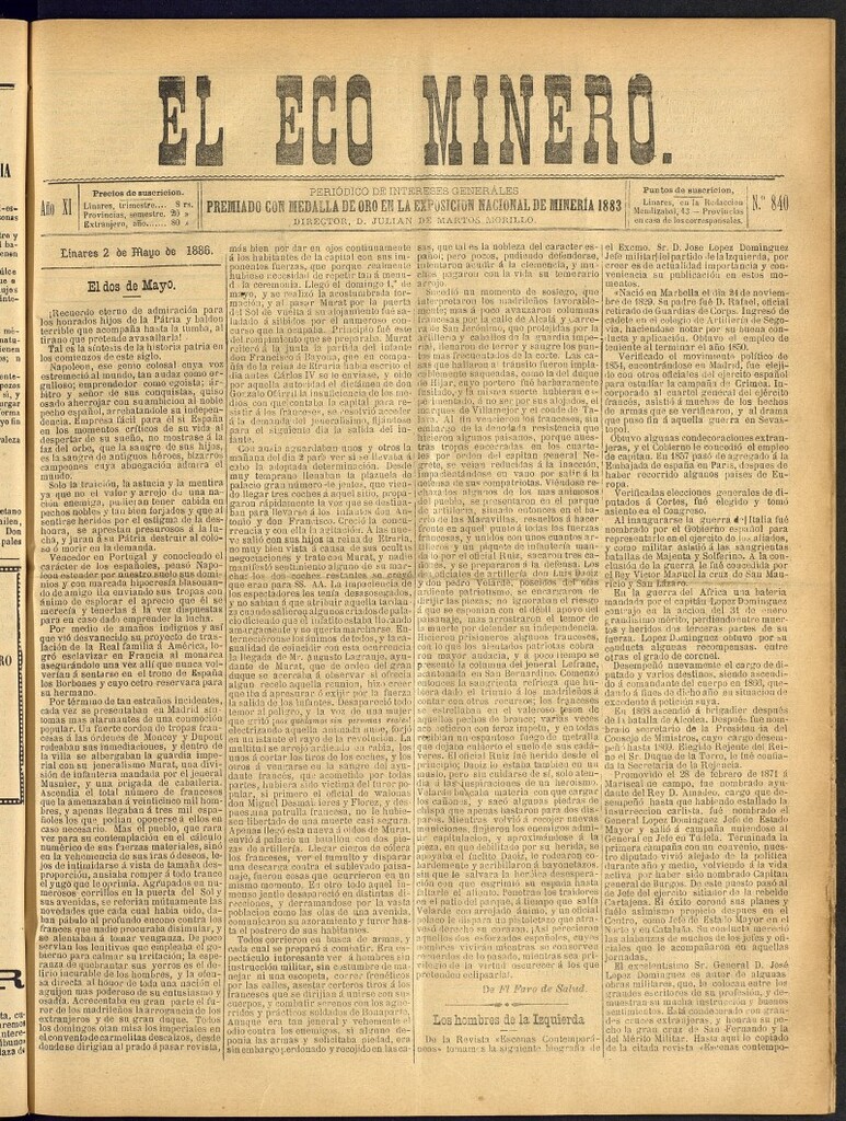 Miniatura de El Eco Minero : periódico bisemanal del 2 de mayo de 1886, nº 840