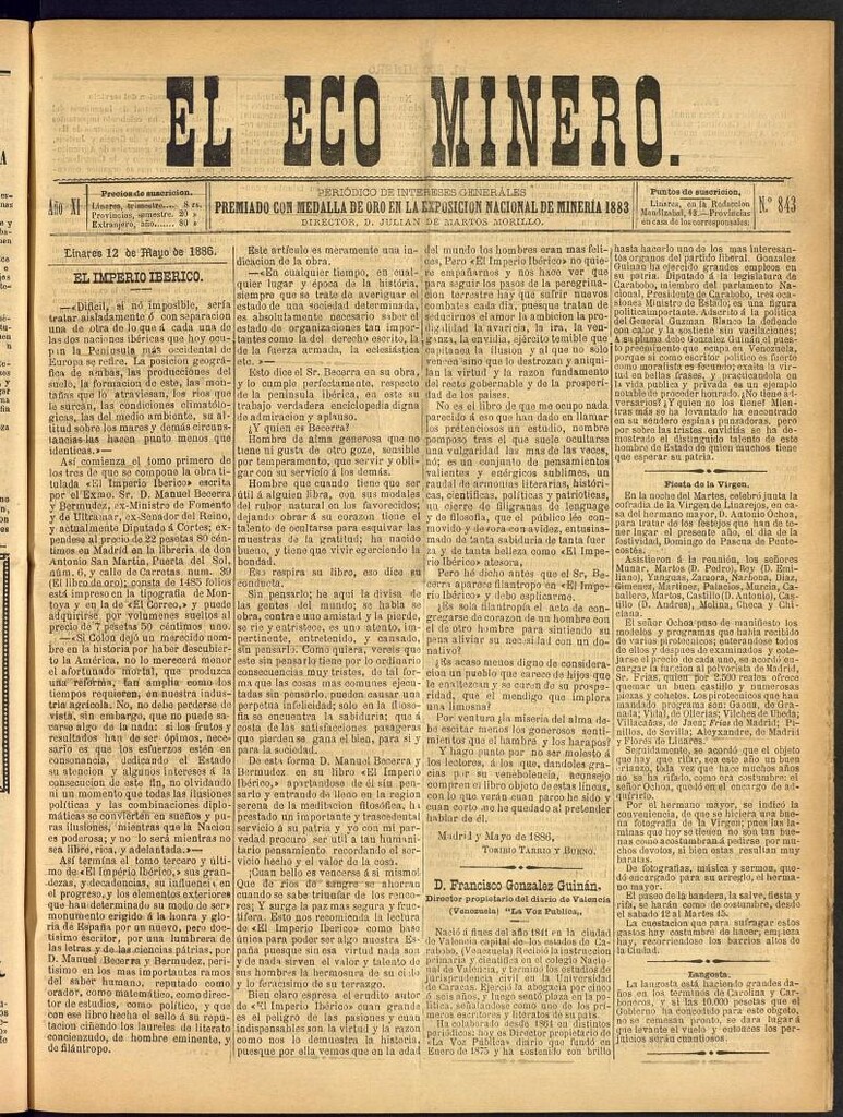 Miniatura de El Eco Minero : periódico bisemanal del 12 de mayo de 1886, nº 843
