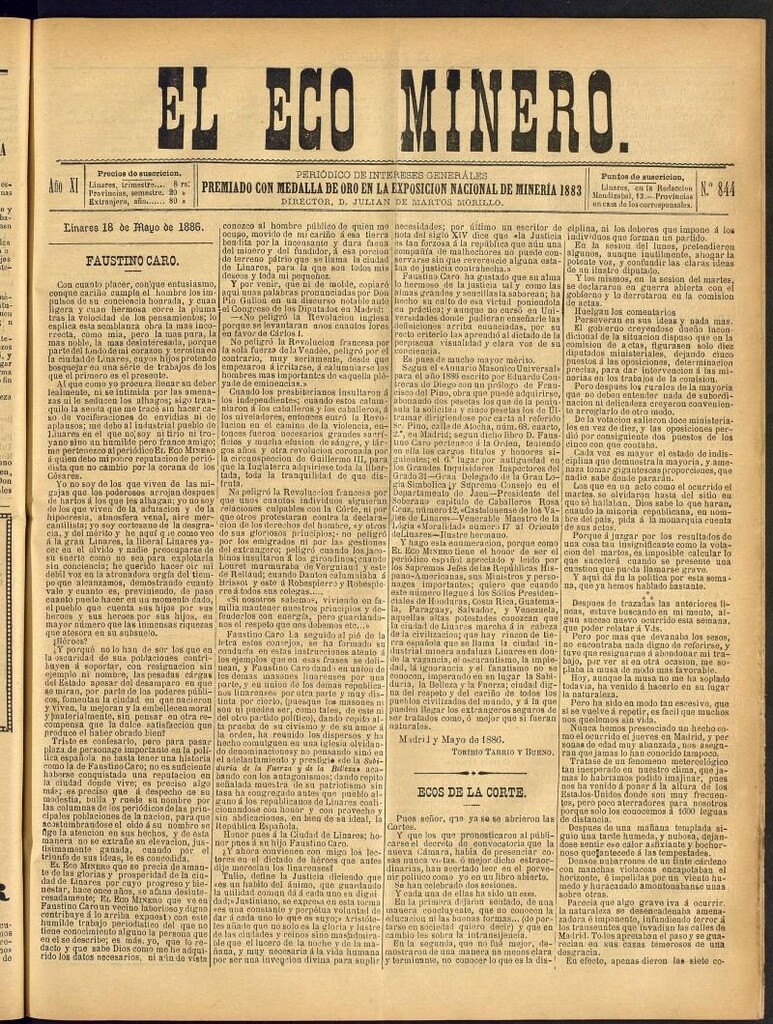Miniatura de El Eco Minero : periódico bisemanal del 18 de mayo de 1886, nº 844