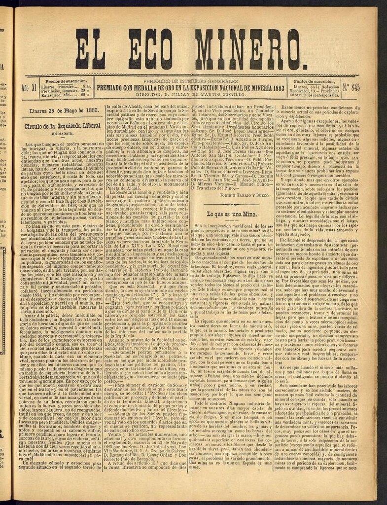 Miniatura de El Eco Minero : periódico bisemanal del 25 de mayo de 1886, nº 845