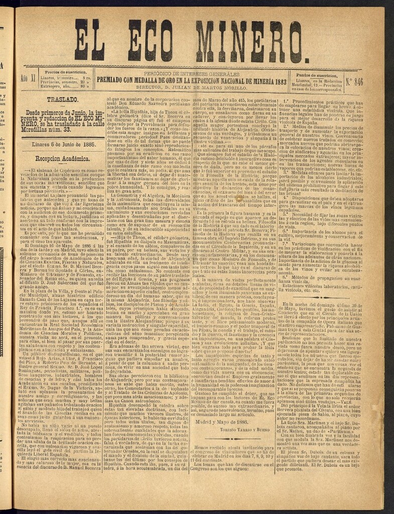 Miniatura de El Eco Minero : periódico bisemanal del 6 de junio de 1886, nº 846