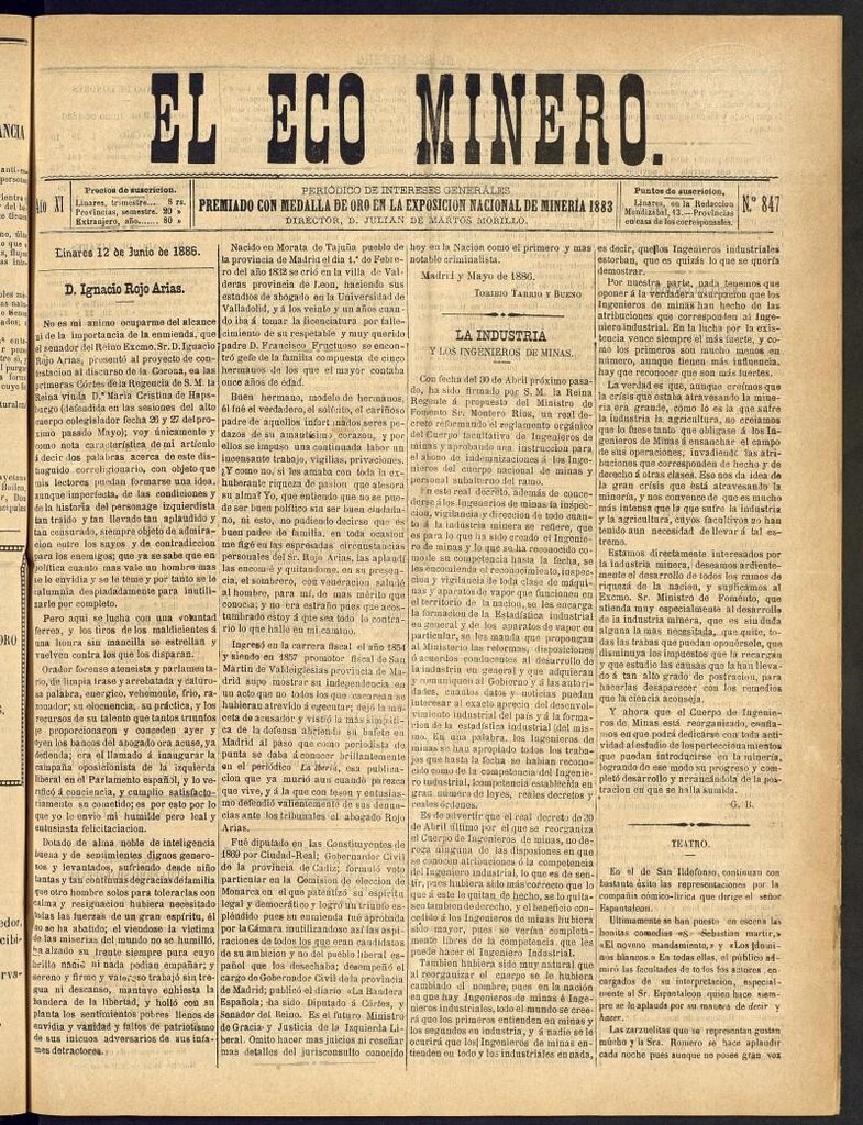 Miniatura de El Eco Minero : periódico bisemanal del 12 de junio de 1886, nº 847