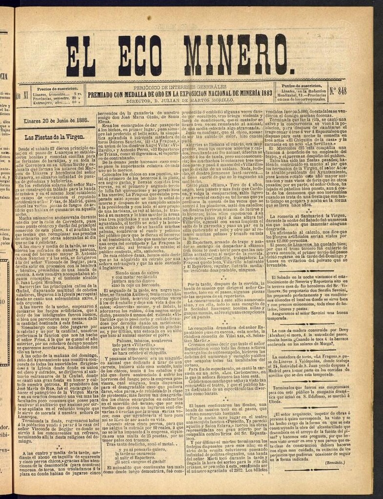 Miniatura de El Eco Minero : periódico bisemanal del 20 de junio de 1886, nº 848