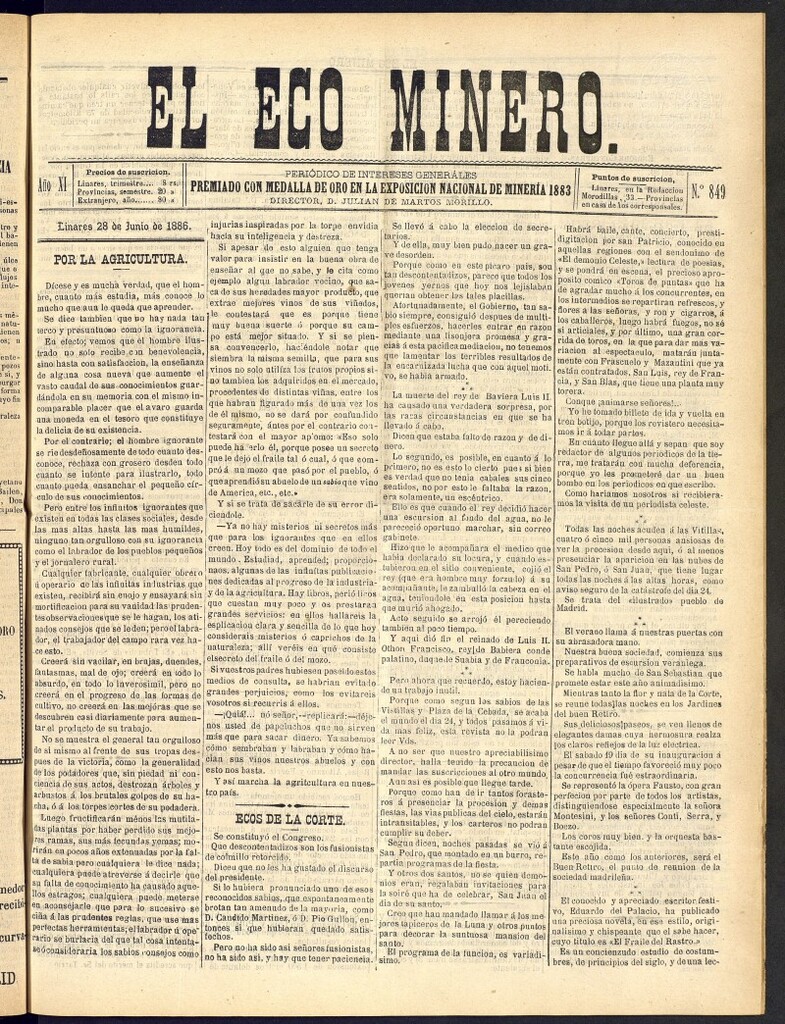Miniatura de El Eco Minero : periódico bisemanal del 28 de junio de 1886, nº 849