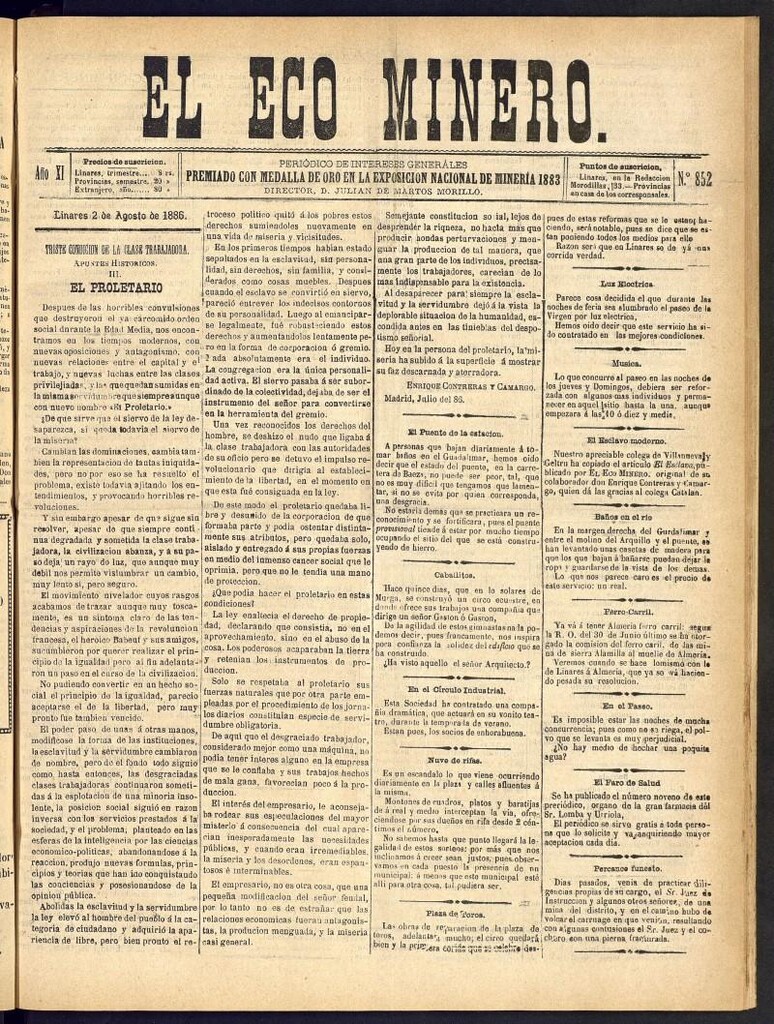 Miniatura de El Eco Minero : periódico bisemanal del 2 de agosto de 1886, nº 852