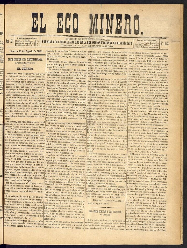 Miniatura de El Eco Minero : periódico bisemanal del 10 de agosto de 1886, nº 853
