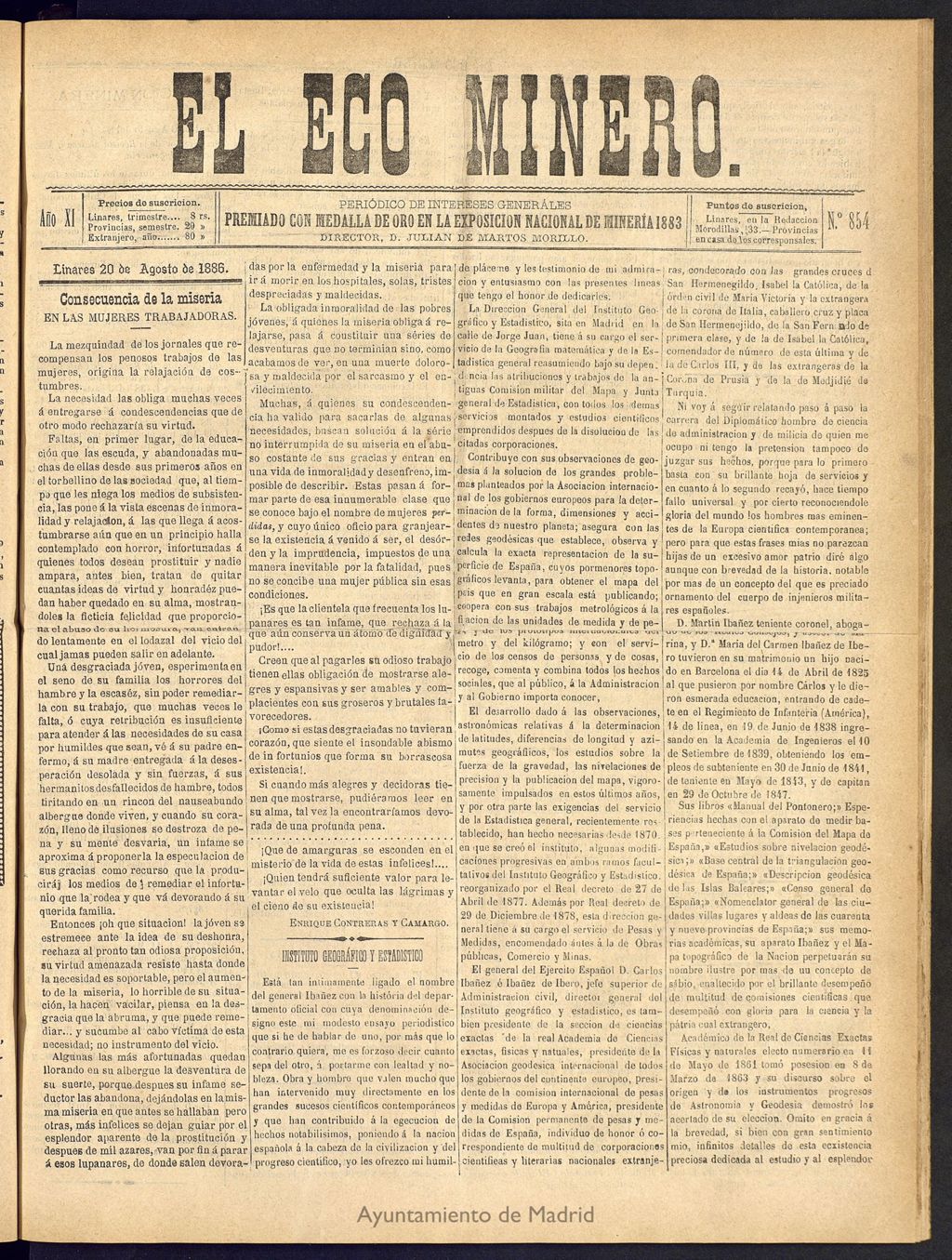 Miniatura de El Eco Minero : periódico bisemanal del 20 de agosto de 1886, nº 854