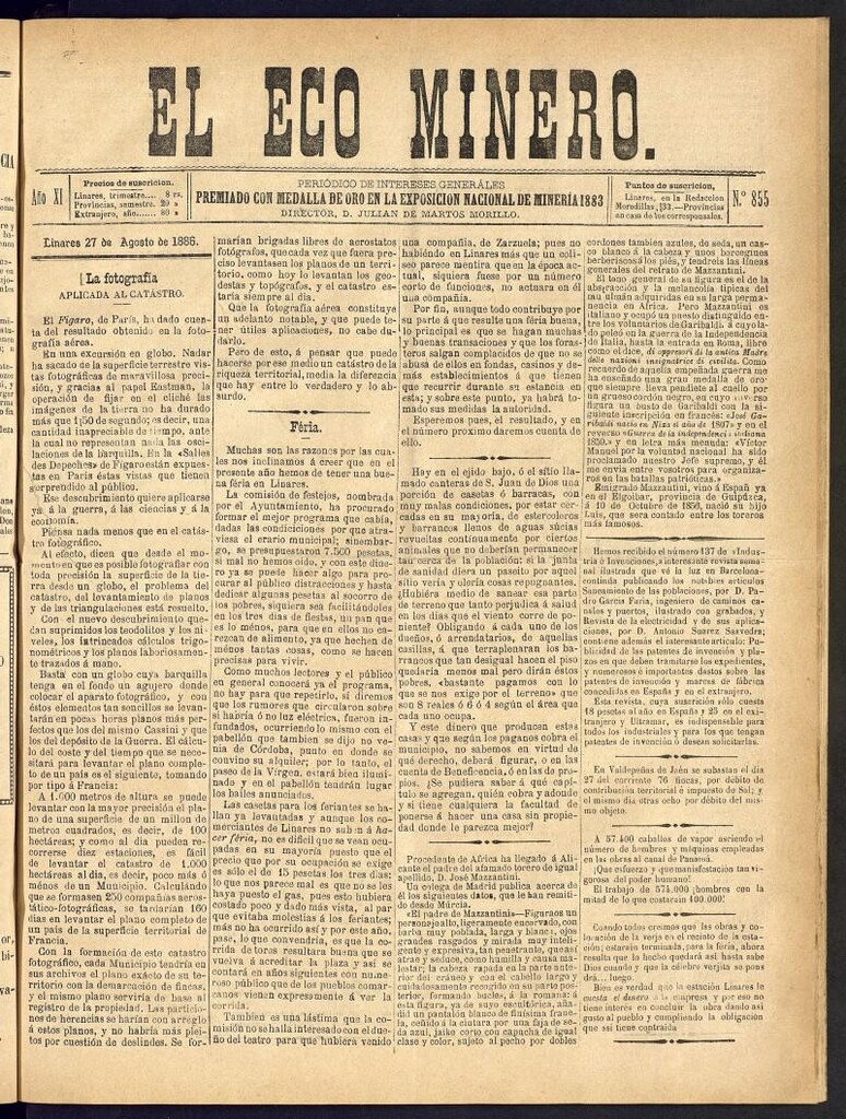 Miniatura de El Eco Minero : periódico bisemanal del 27 de agosto de 1886, nº 855