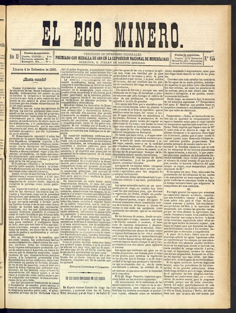 Miniatura de El Eco Minero : periódico bisemanal del 4 de septiembre de 1886, nº 855