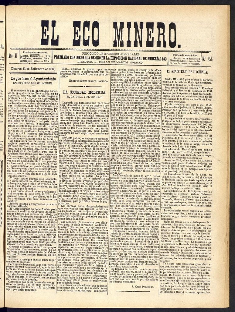 Miniatura de El Eco Minero : periódico bisemanal del 11 de septiembre de 1886, nº 856