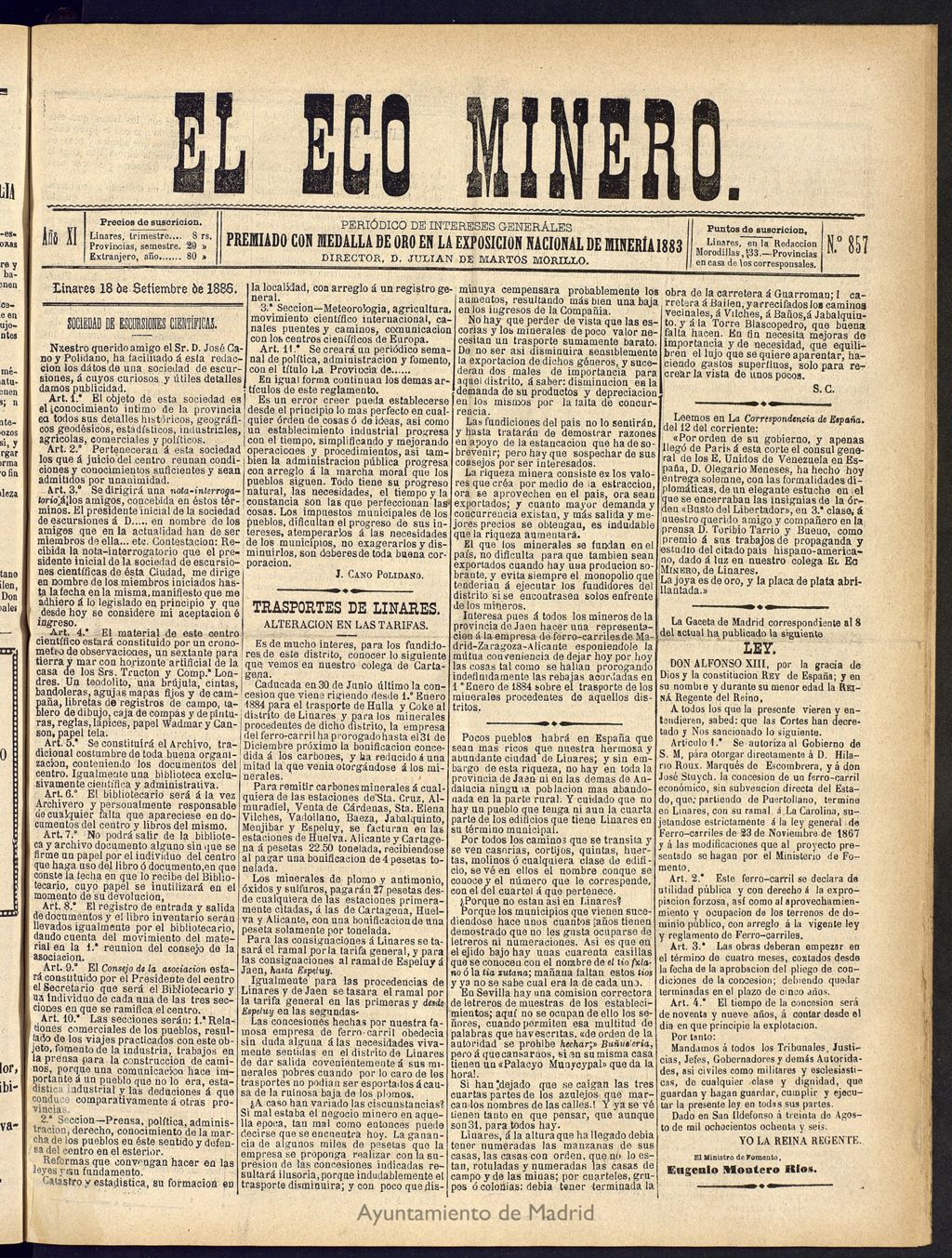 Miniatura de El Eco Minero : periódico bisemanal del 18 de septiembre de 1886, nº 857