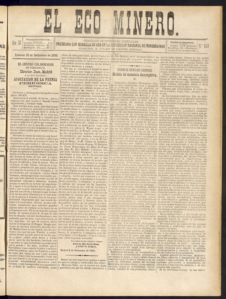 Miniatura de El Eco Minero : periódico bisemanal del 26 de septiembre de 1886, nº 858
