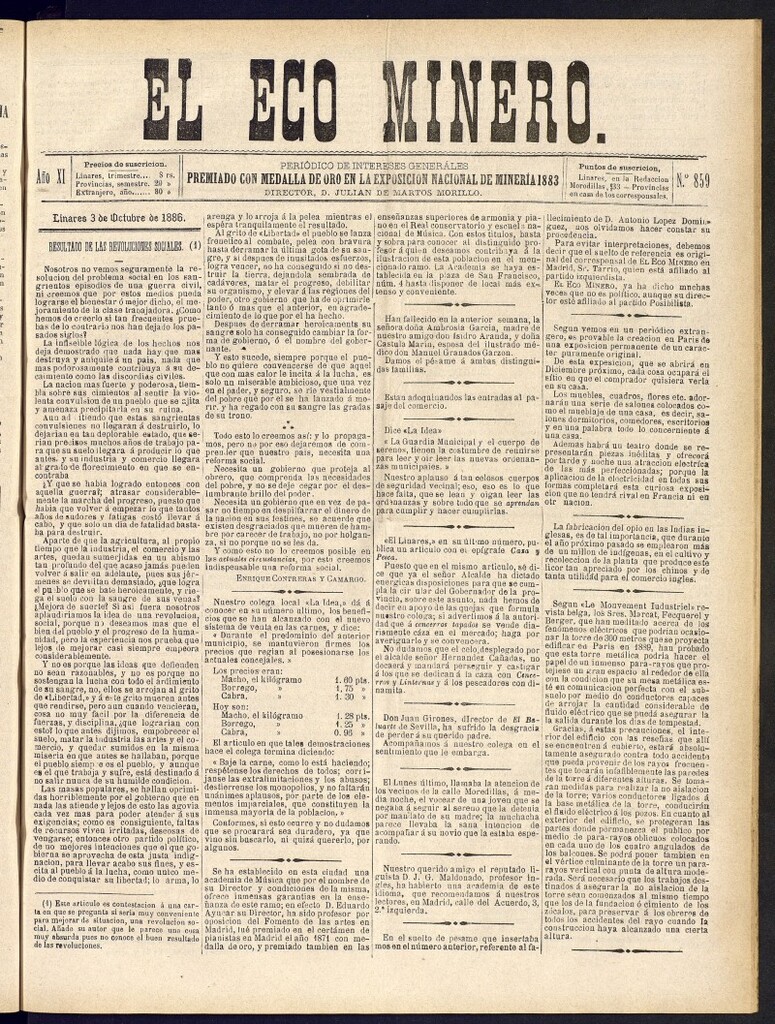 Miniatura de El Eco Minero : periódico bisemanal del 3 de octubre de 1886, nº 859