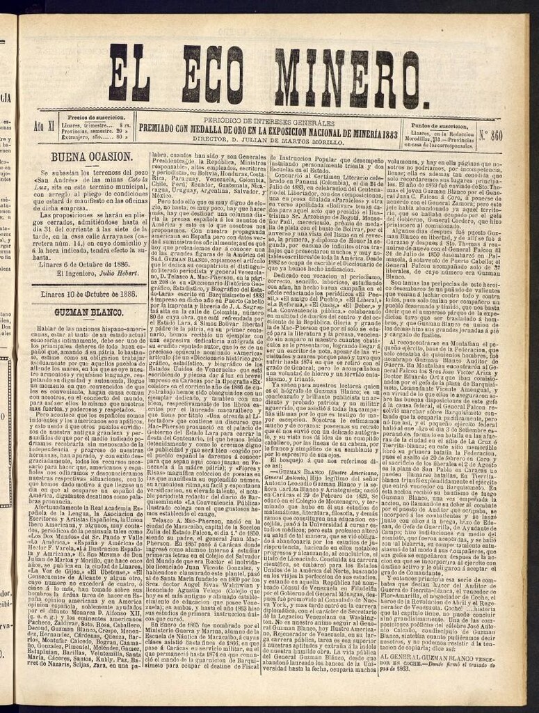 Miniatura de El Eco Minero : periódico bisemanal del 10 de octubre de 1886, nº 860