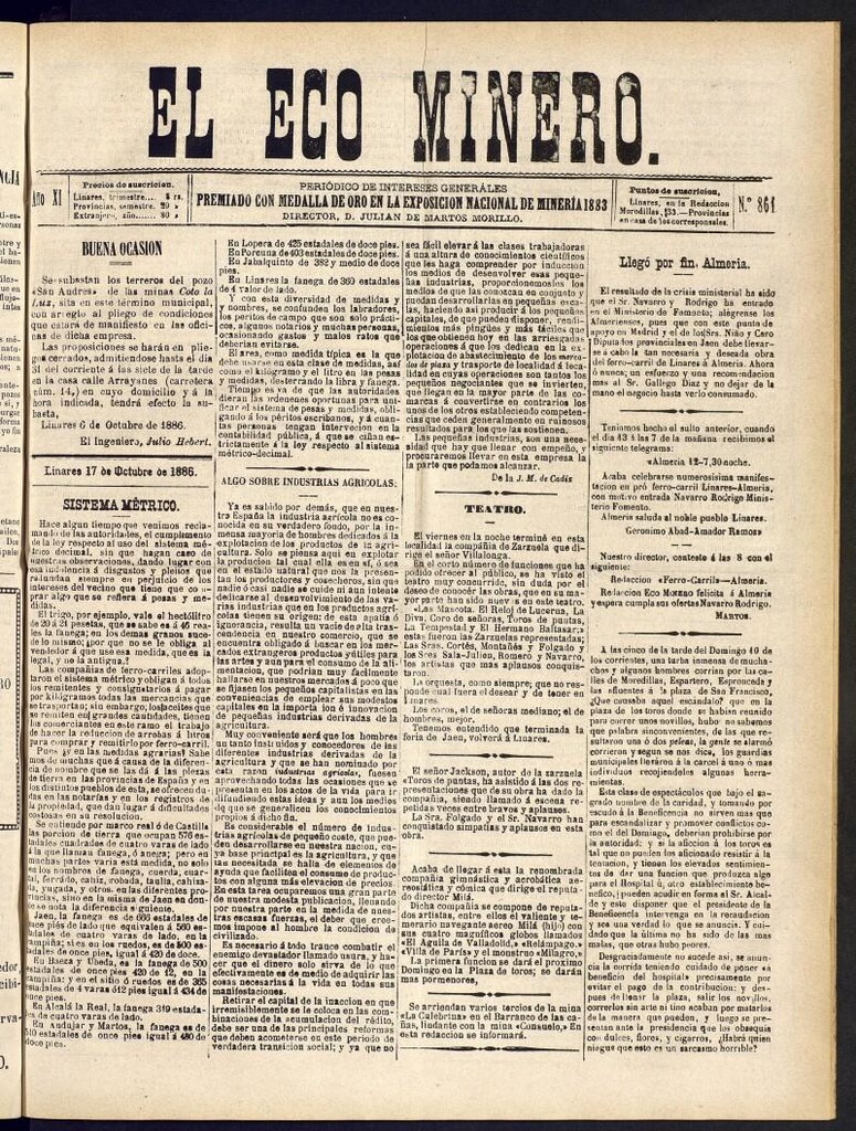 Miniatura de El Eco Minero : periódico bisemanal del 17 de octubre de 1886, nº 861