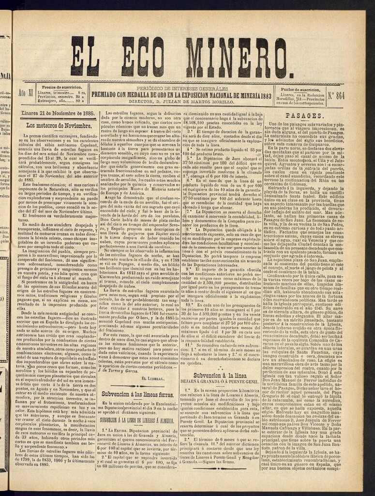 Miniatura de El Eco Minero : periódico bisemanal del 21 de noviembre de 1886, nº 865