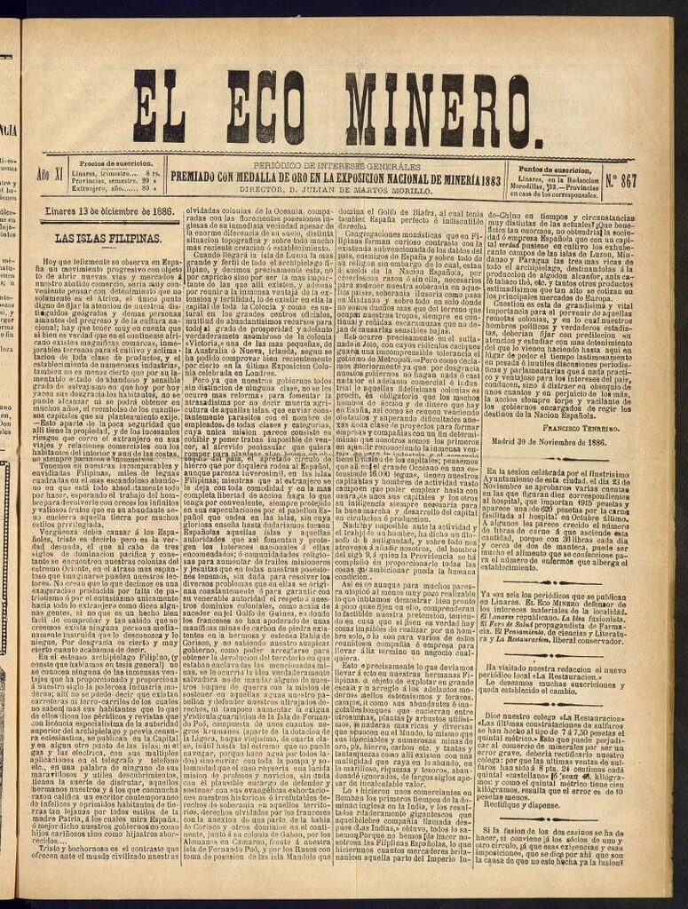 Miniatura de El Eco Minero : periódico bisemanal del 13 de diciembre de 1886, nº 867