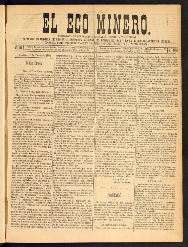 Miniatura de El Eco Minero : periódico bisemanal del 15 de enero de 1891, nº 1062