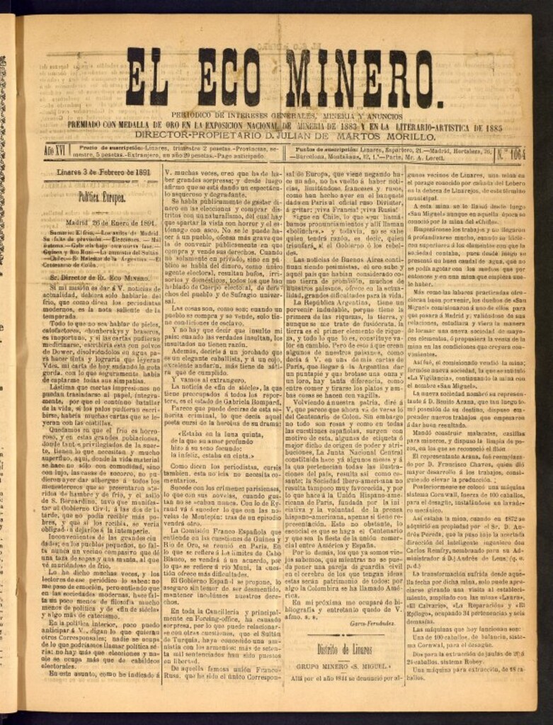 Miniatura de El Eco Minero : periódico bisemanal del 3 de febrero de 1891, nº 1064