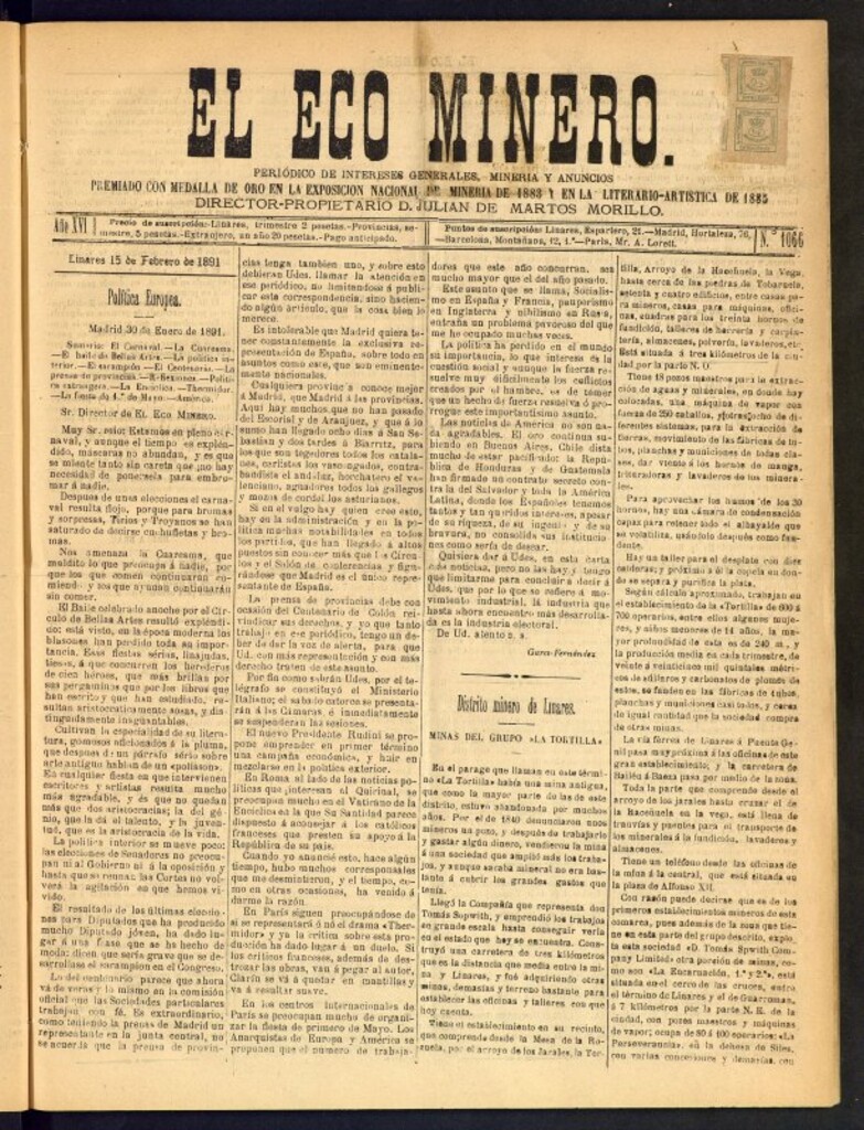 Miniatura de El Eco Minero : periódico bisemanal del 15 de febrero de 1891, nº 1066