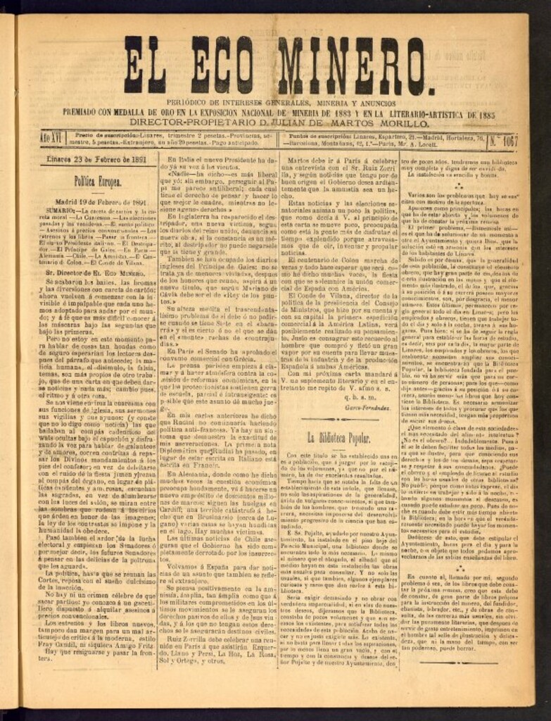 Miniatura de El Eco Minero : periódico bisemanal del 23 de febrero de 1891, nº 1067