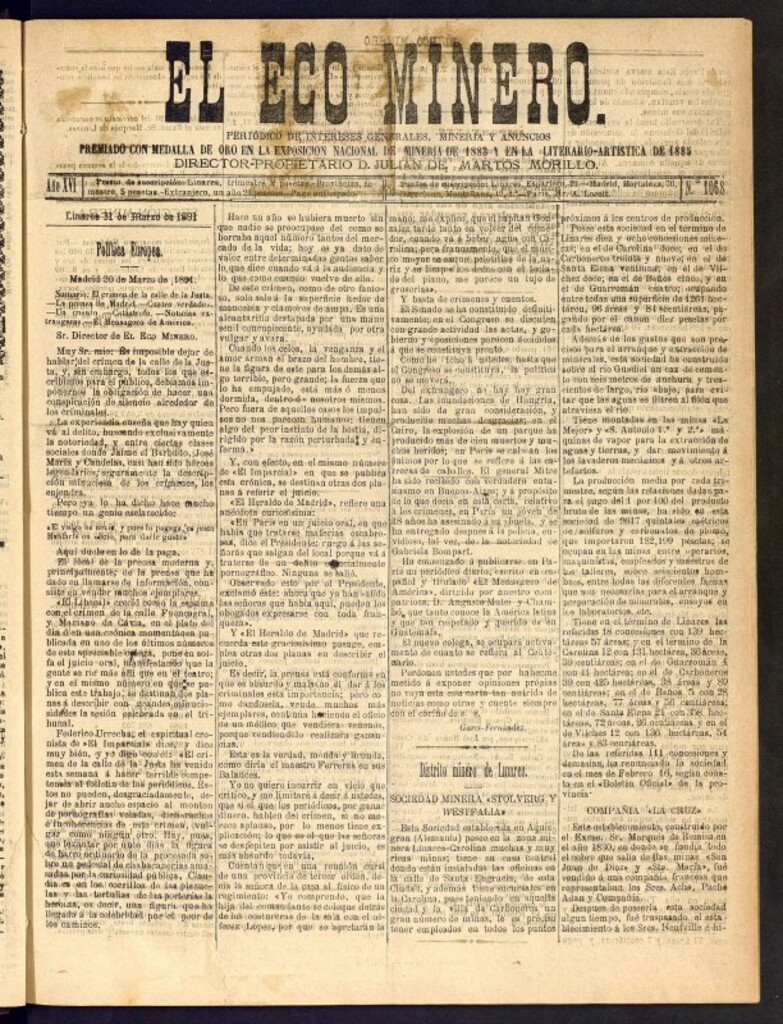 Miniatura de El Eco Minero : periódico bisemanal del 31 de marzo de 1891, nº 1068