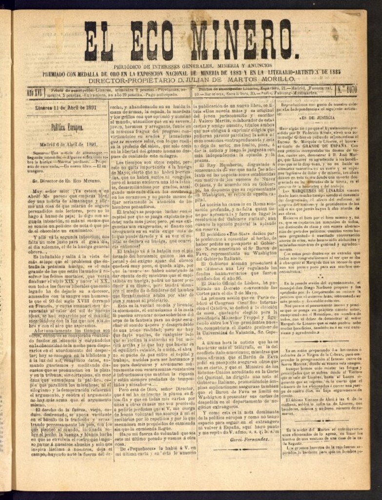Miniatura de El Eco Minero : periódico bisemanal del 11 de abril de 1891, nº 1070