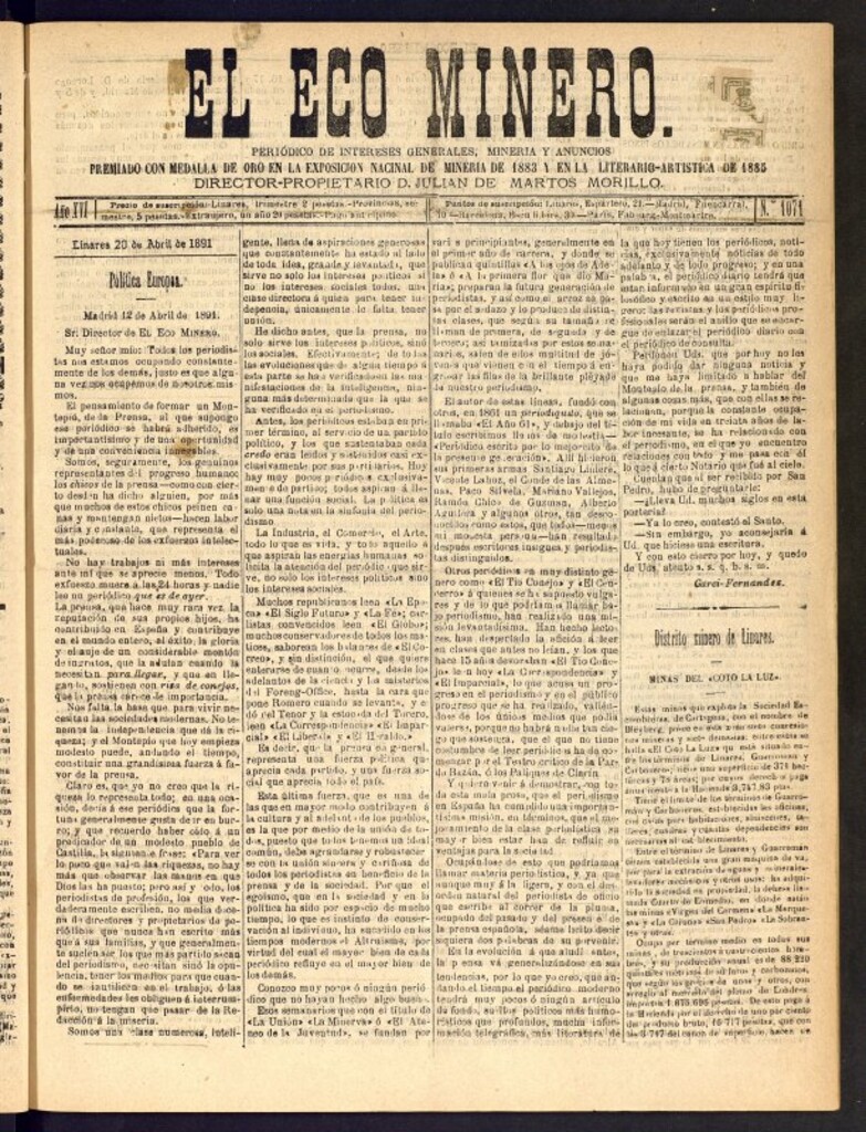 Miniatura de El Eco Minero : periódico bisemanal del 20 de abril de 1891, nº 1071