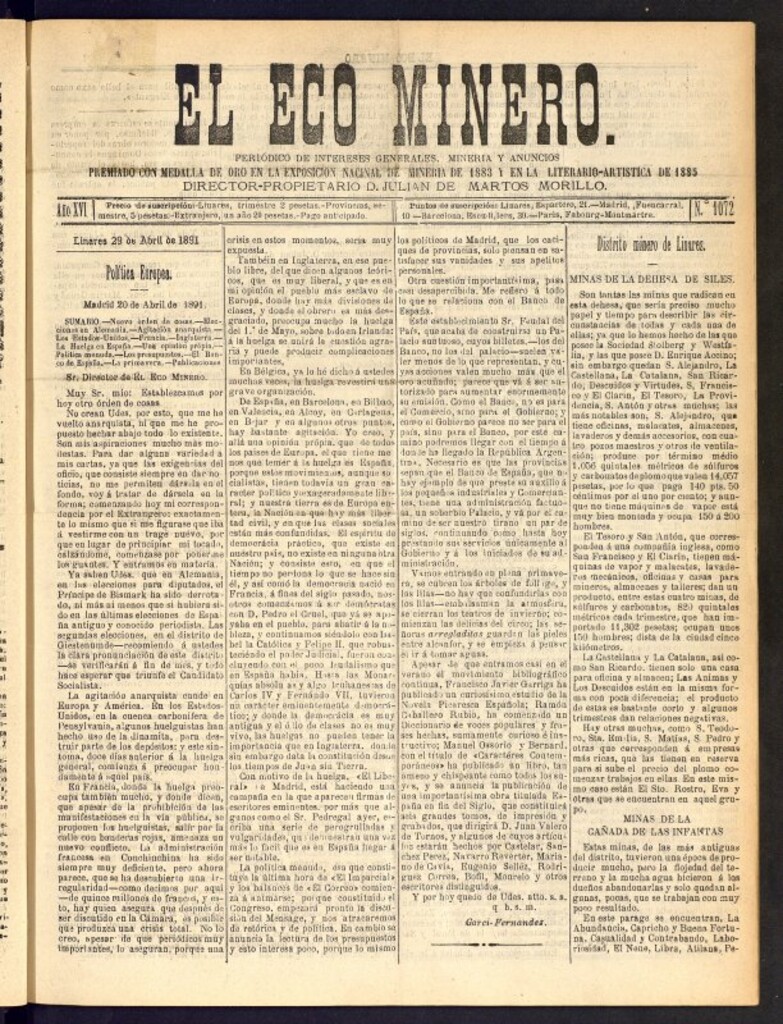 Miniatura de El Eco Minero : periódico bisemanal del 29 de abril de 1891, nº 1072