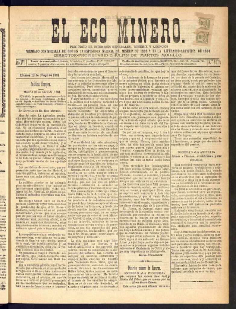 Miniatura de El Eco Minero : periódico bisemanal del 19 de mayo de 1891, nº 1074