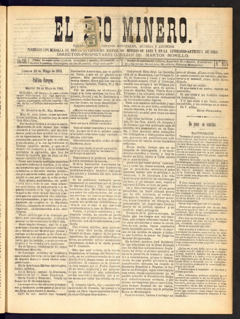 Miniatura de El Eco Minero : periódico bisemanal del 29 de mayo de 1891, nº 1075