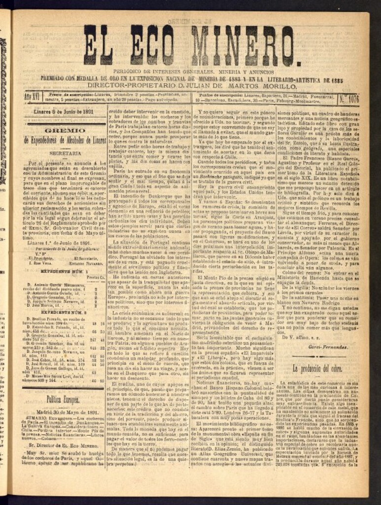 Miniatura de El Eco Minero : periódico bisemanal del 6 de junio de 1891, nº 1076