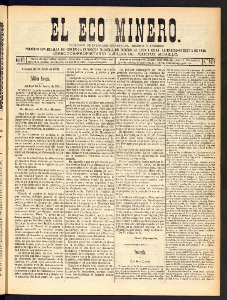 Miniatura de El Eco Minero : periódico bisemanal del 22 de junio de 1891, nº 1078