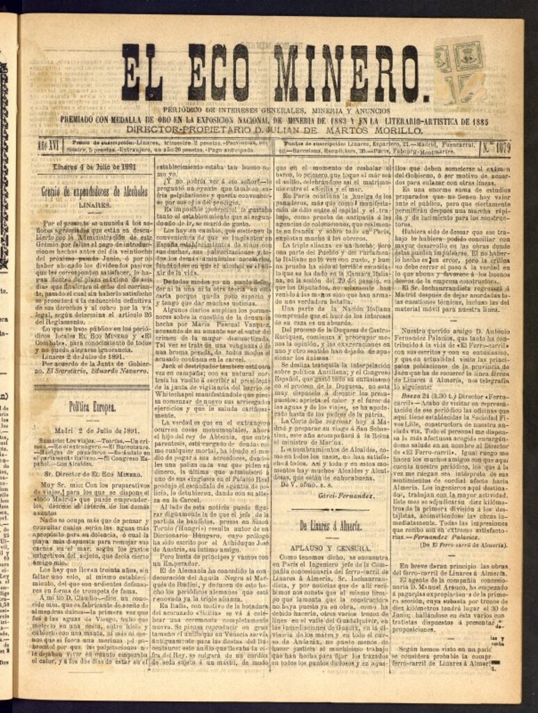Miniatura de El Eco Minero : periódico bisemanal del 4 de julio de 1891, nº 1079