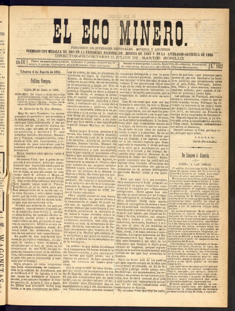Miniatura de El Eco Minero : periódico bisemanal del 4 de agosto de 1891, nº 1082