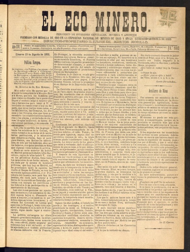 Miniatura de El Eco Minero : periódico bisemanal del 19 de agosto de 1891, nº 1083