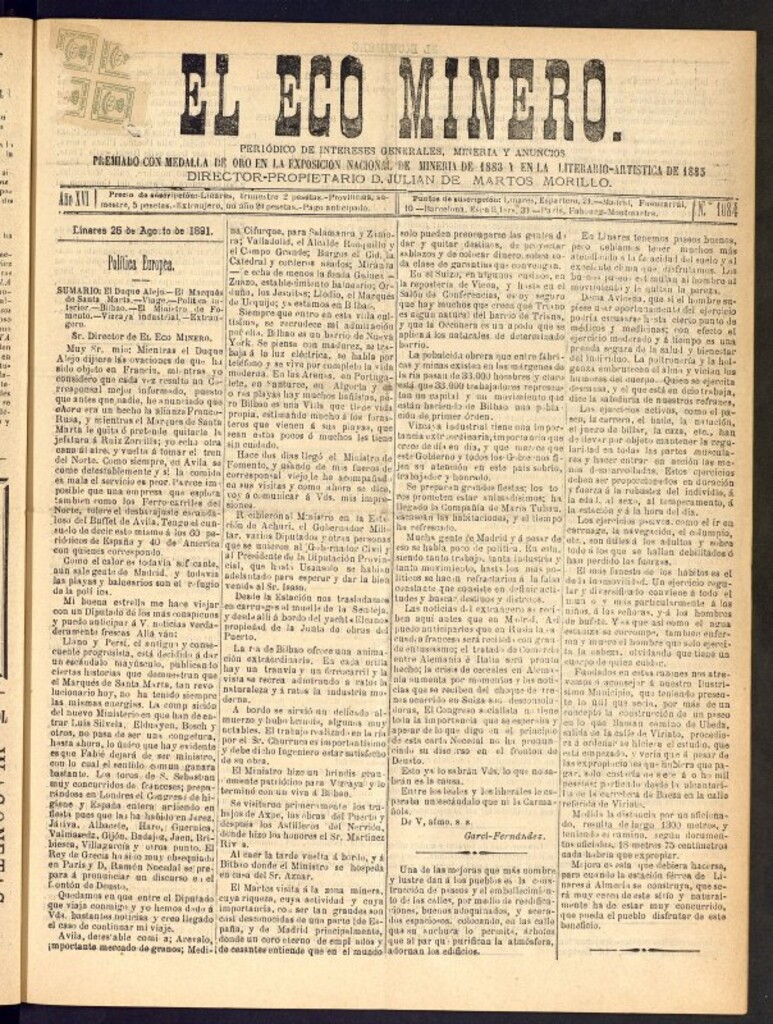 Miniatura de El Eco Minero : periódico bisemanal del 26 de agosto de 1891, nº 1084