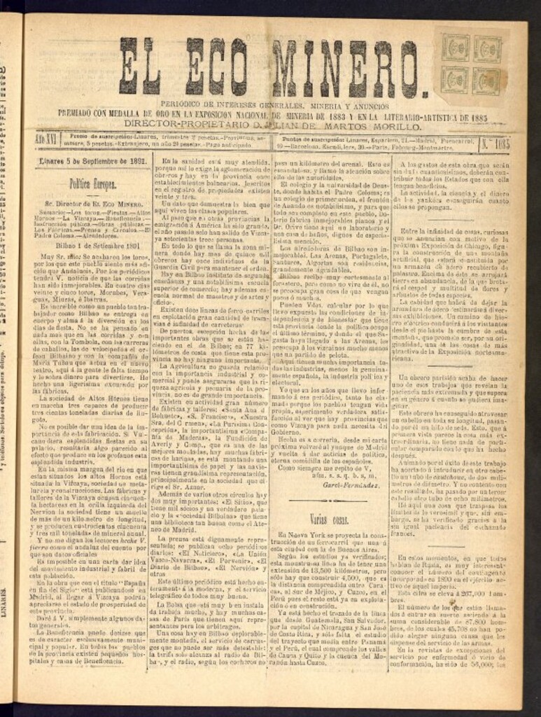 Miniatura de El Eco Minero : periódico bisemanal del 5 de septiembre de 1891, nº 1085