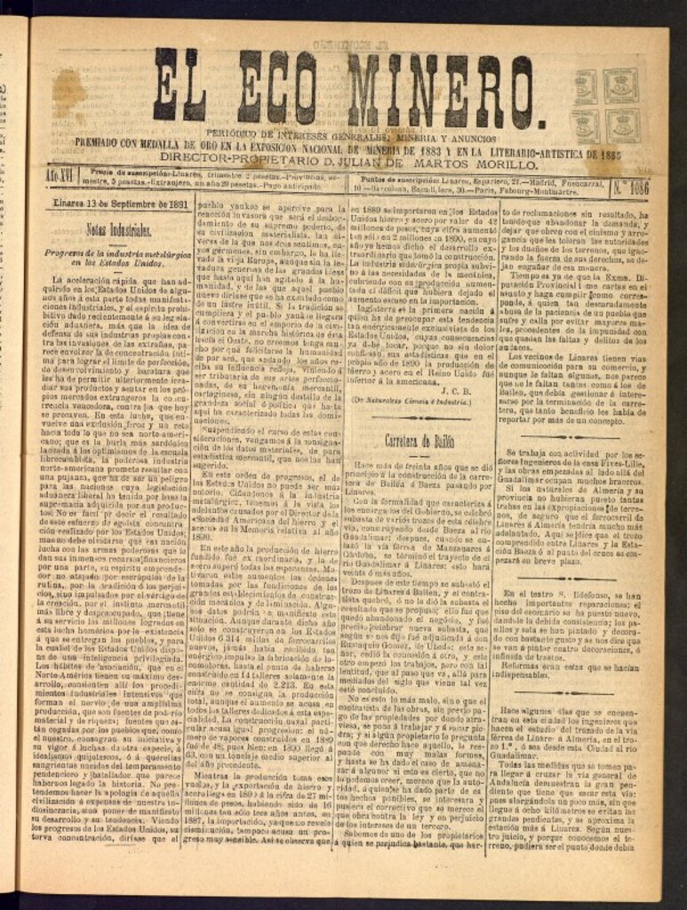 Miniatura de El Eco Minero : periódico bisemanal del 13 de septiembre de 1891, nº 1086