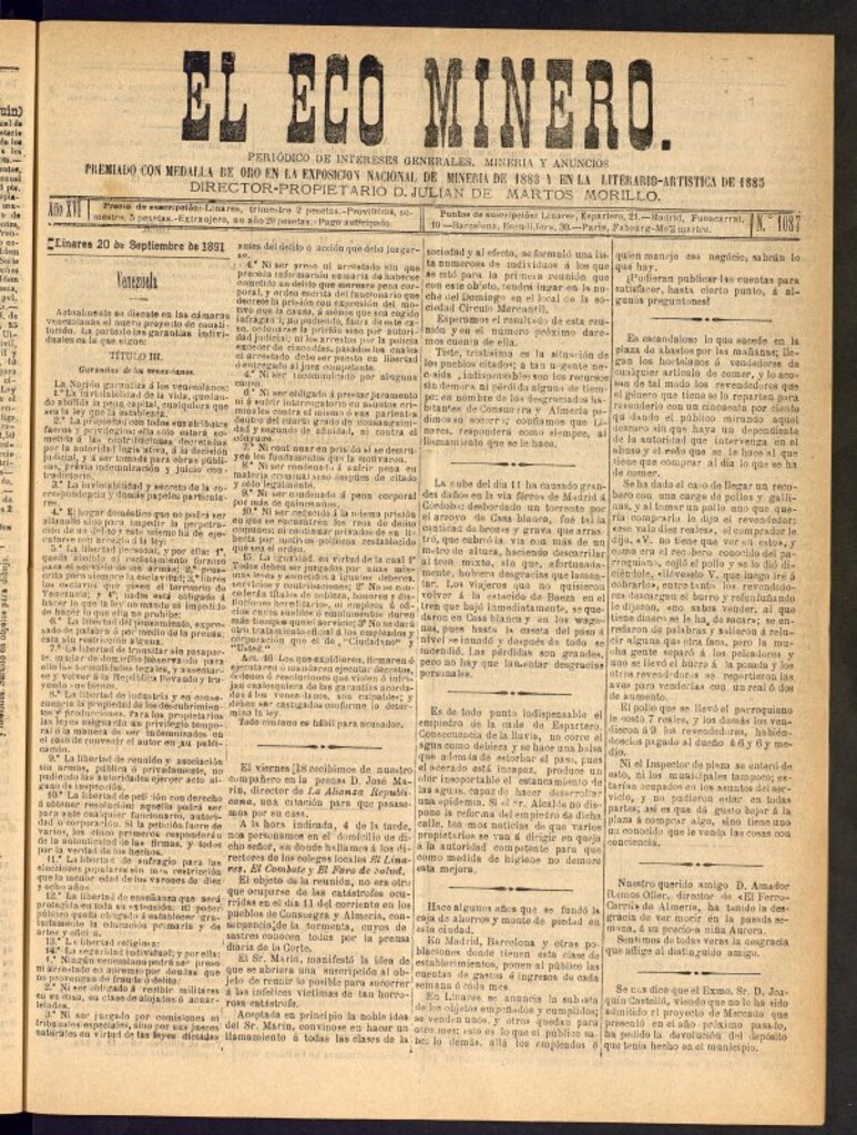 Miniatura de El Eco Minero : periódico bisemanal del 20 de septiembre de 1891, nº 1087