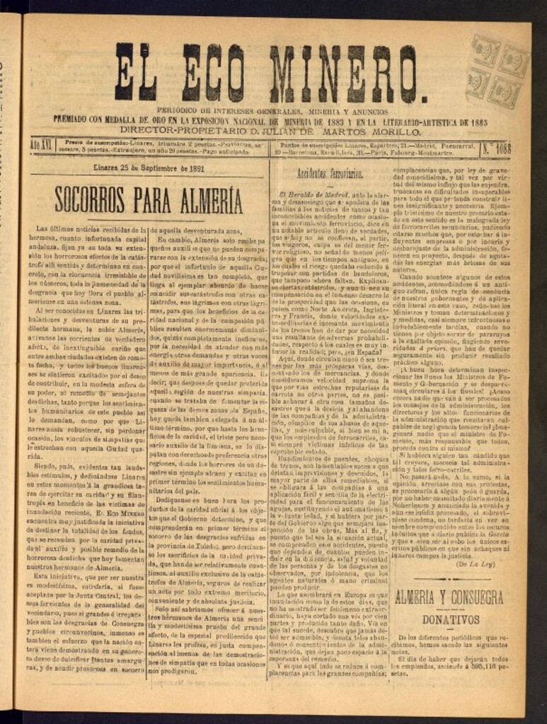 Miniatura de El Eco Minero : periódico bisemanal del 25 de septiembre de 1891, nº 1088