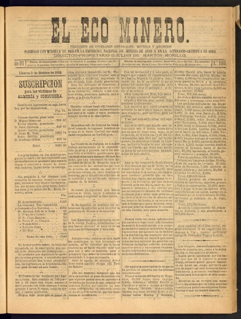 Miniatura de El Eco Minero : periódico bisemanal del 3 de octubre de 1891, nº 1088 [sic]
