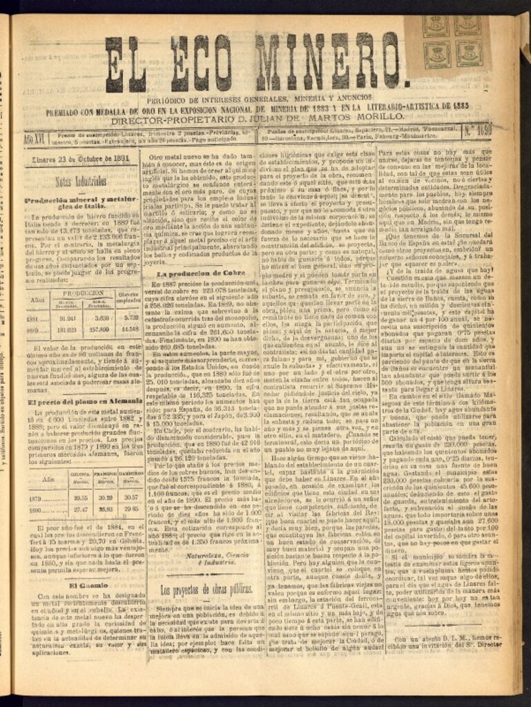 Miniatura de El Eco Minero : periódico bisemanal del 23 de octubre de 1891, nº 1090