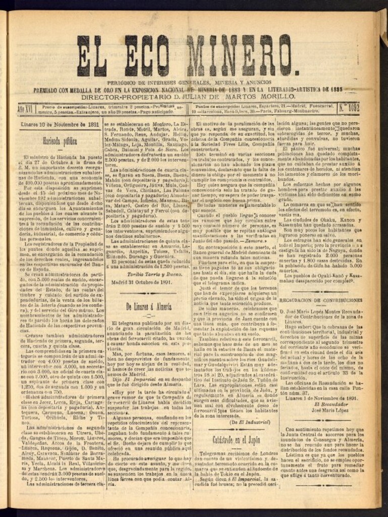 Miniatura de El Eco Minero : periódico bisemanal del 10 de noviembre de 1891, nº 1092