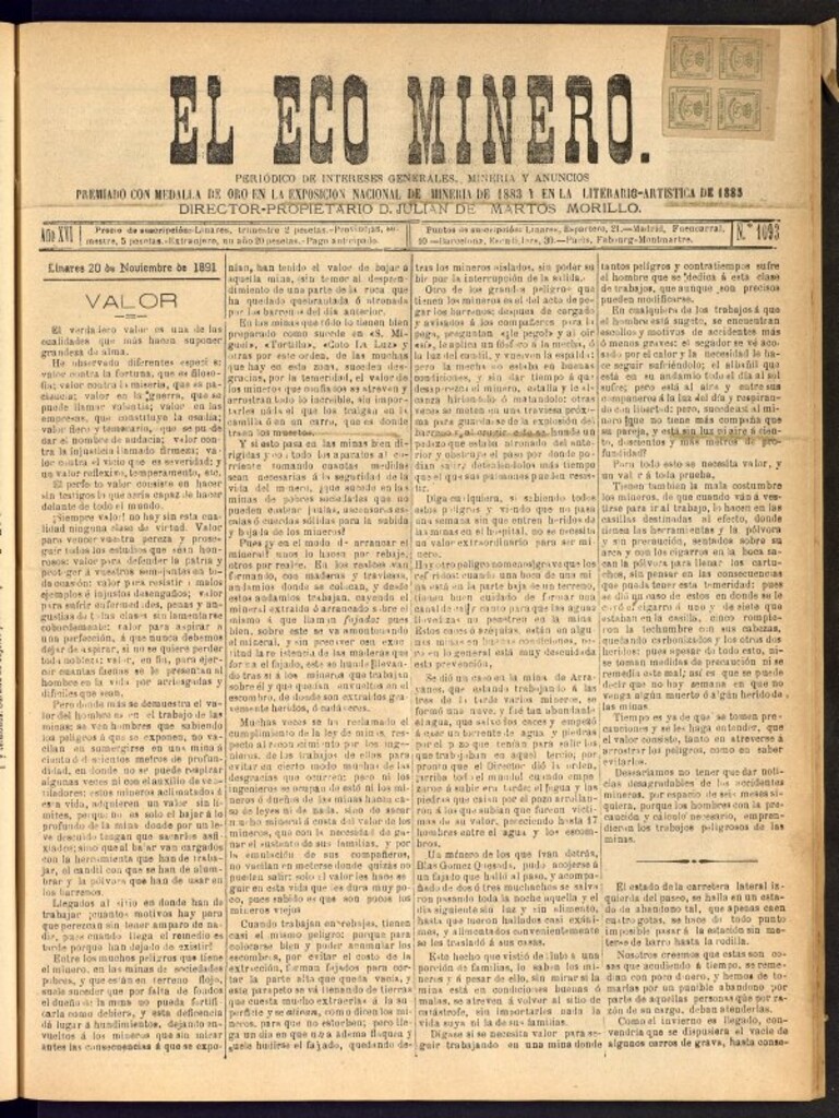 Miniatura de El Eco Minero : periódico bisemanal del 20 de noviembre de 1891, nº 1093