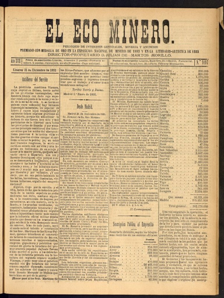 Miniatura de El Eco Minero : periódico bisemanal del 31 de diciembre de 1891, nº 1097