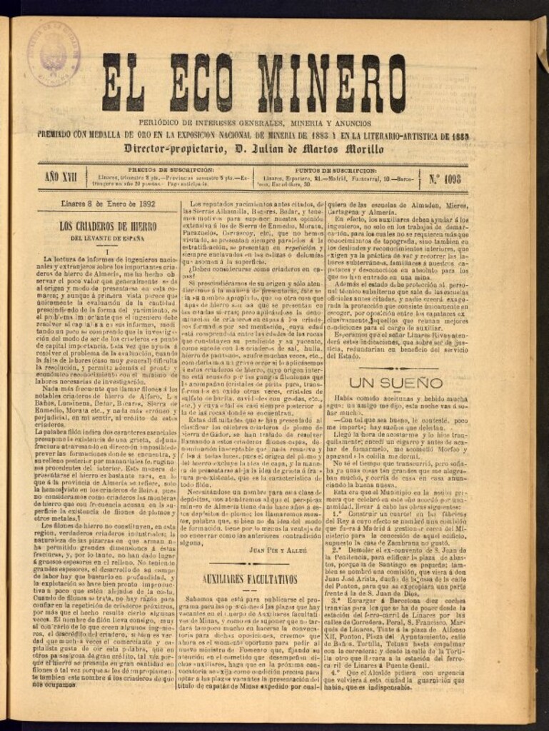 Miniatura de El Eco Minero : periódico bisemanal del 8 de enero de 1892, nº 1098