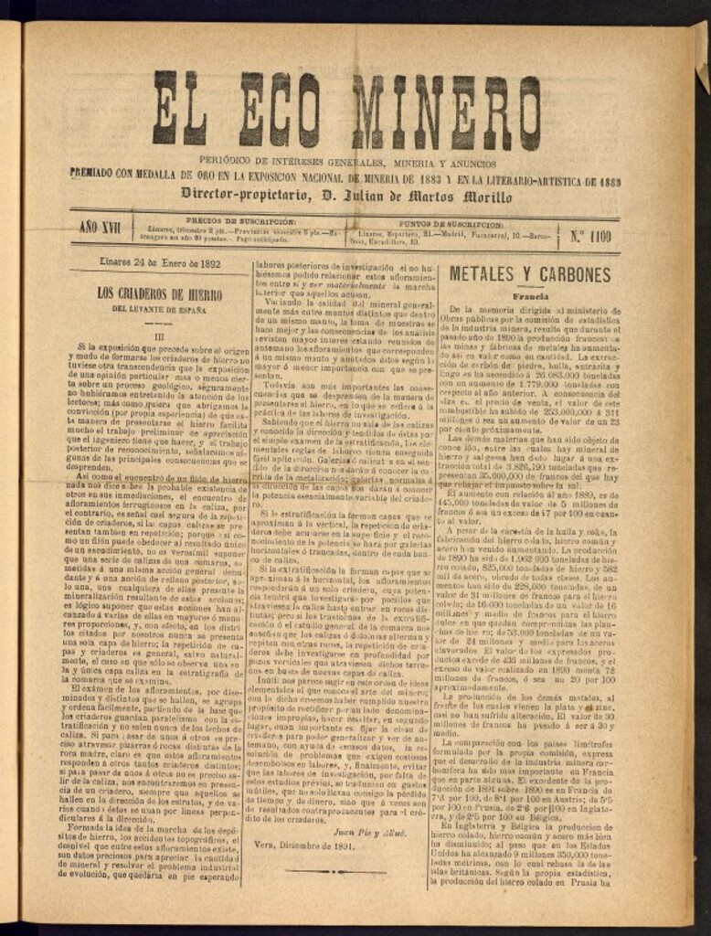 Miniatura de El Eco Minero : periódico bisemanal del 24 de enero de 1892, nº 1100