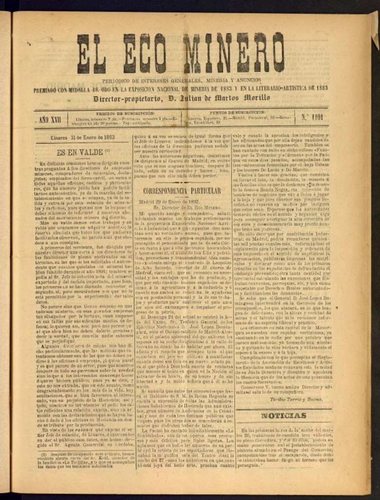 Miniatura de El Eco Minero : periódico bisemanal del 31 de enero de 1892, nº 1101