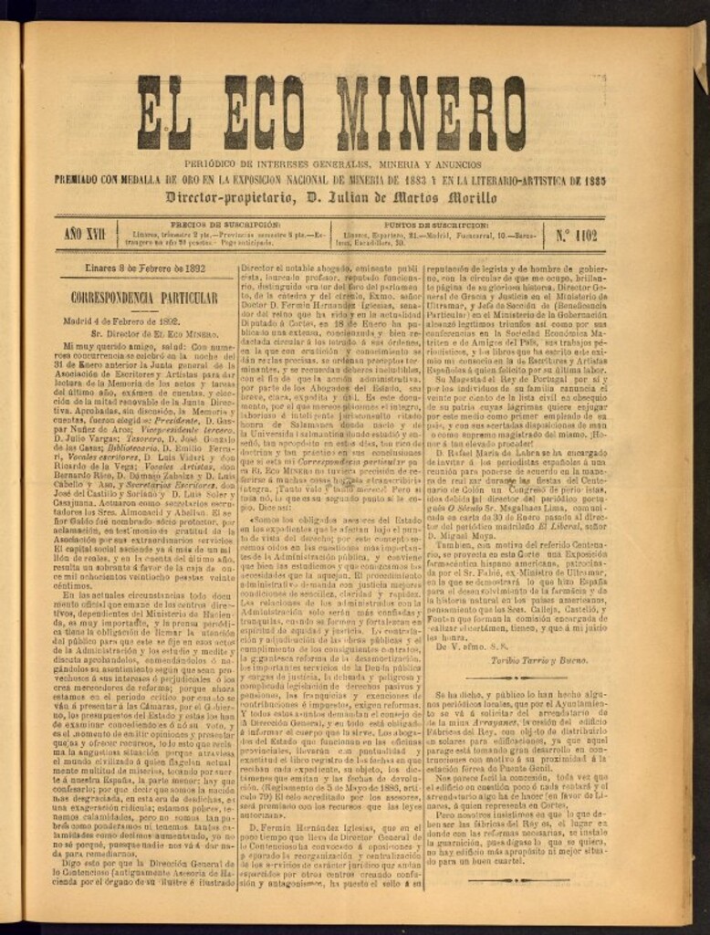 Miniatura de El Eco Minero : periódico bisemanal del 8 de febrero de 1892, nº 1102